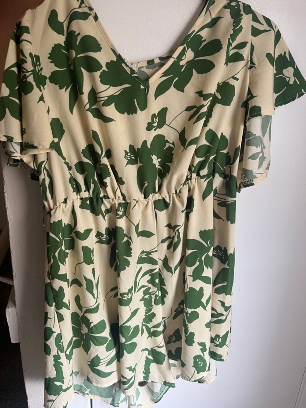 Cream & Green Floral V-Neck Flutter Sleeve Dress